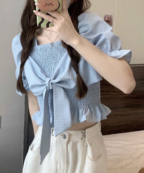 SPIGA（スピーガ）の「ｼｬｰﾘﾝｸﾞﾌﾛﾝﾄﾘﾎﾞﾝ半袖ﾌﾞﾗｳｽ（シャツ/ブラウス・レディース・ブラック/ホワイト/ブルー/ベージュ・FREE）」の16枚目の写真