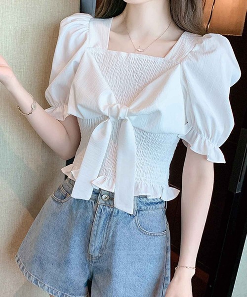 SPIGA（スピーガ）の「ｼｬｰﾘﾝｸﾞﾌﾛﾝﾄﾘﾎﾞﾝ半袖ﾌﾞﾗｳｽ（シャツ/ブラウス・レディース・ブラック/ホワイト/ブルー/ベージュ・FREE）」の17枚目の写真