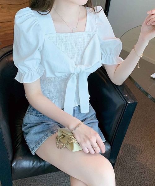 SPIGA（スピーガ）の「ｼｬｰﾘﾝｸﾞﾌﾛﾝﾄﾘﾎﾞﾝ半袖ﾌﾞﾗｳｽ（シャツ/ブラウス・レディース・ブラック/ホワイト/ブルー/ベージュ・FREE）」の18枚目の写真