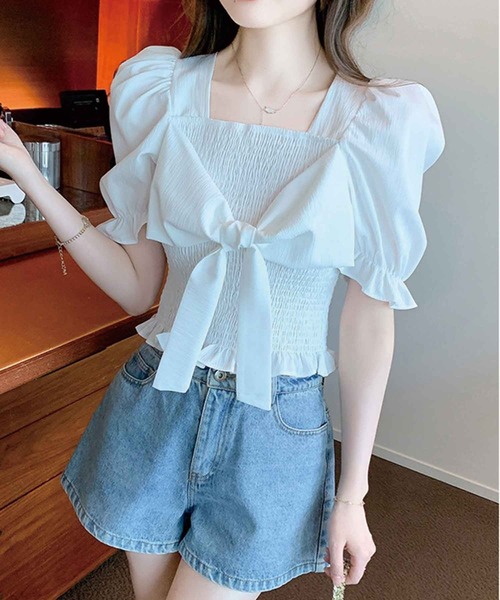 SPIGA（スピーガ）の「ｼｬｰﾘﾝｸﾞﾌﾛﾝﾄﾘﾎﾞﾝ半袖ﾌﾞﾗｳｽ（シャツ/ブラウス・レディース・ブラック/ホワイト/ブルー/ベージュ・FREE）」の19枚目の写真