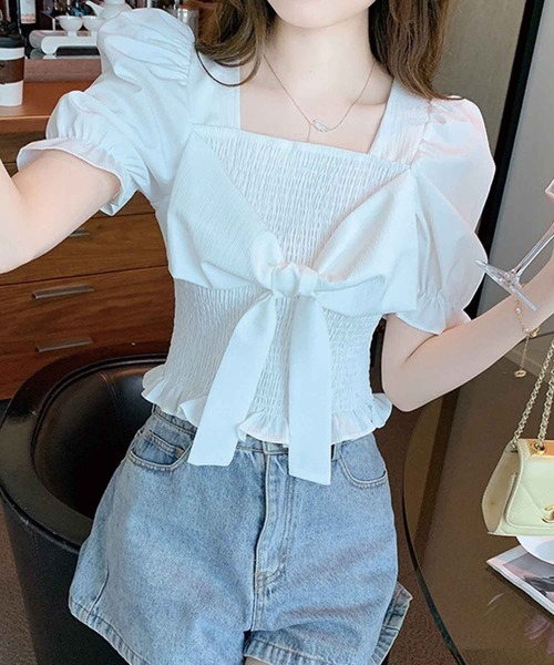 SPIGA（スピーガ）の「ｼｬｰﾘﾝｸﾞﾌﾛﾝﾄﾘﾎﾞﾝ半袖ﾌﾞﾗｳｽ（シャツ/ブラウス・レディース・ブラック/ホワイト/ブルー/ベージュ・FREE）」の21枚目の写真