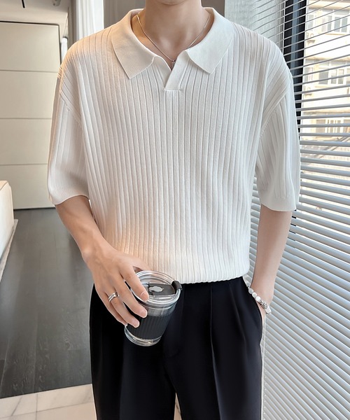 Cloudstyle（クラウドスタイル）の「【Cloudstyle】ケーブルポロ / ニットポロ 半袖（ポロシャツ・メンズ・クリーム/カーキ/ブラック/ダークグレー/グリーン/ホワイト・MEDIUM/LARGE/X-LARGE）」の2枚目の写真