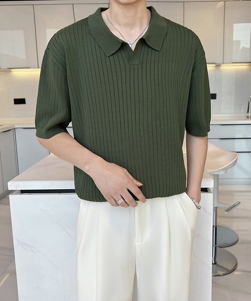 Cloudstyle（クラウドスタイル）の「【Cloudstyle】ケーブルポロ / ニットポロ 半袖（ポロシャツ・メンズ・クリーム/カーキ/ブラック/ダークグレー/グリーン/ホワイト・MEDIUM/LARGE/X-LARGE）」の6枚目の写真