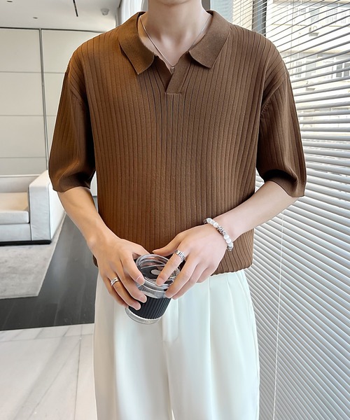 Cloudstyle（クラウドスタイル）の「【Cloudstyle】ケーブルポロ / ニットポロ 半袖（ポロシャツ・メンズ・クリーム/カーキ/ブラック/ダークグレー/グリーン/ホワイト・MEDIUM/LARGE/X-LARGE）」の11枚目の写真