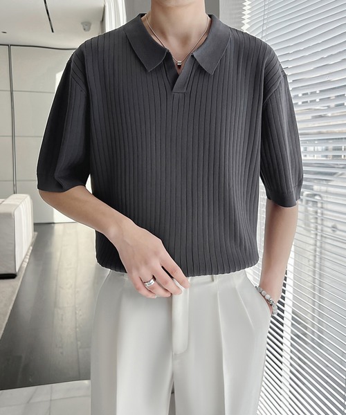 Cloudstyle（クラウドスタイル）の「【Cloudstyle】ケーブルポロ / ニットポロ 半袖（ポロシャツ・メンズ・クリーム/カーキ/ブラック/ダークグレー/グリーン/ホワイト・MEDIUM/LARGE/X-LARGE）」の15枚目の写真