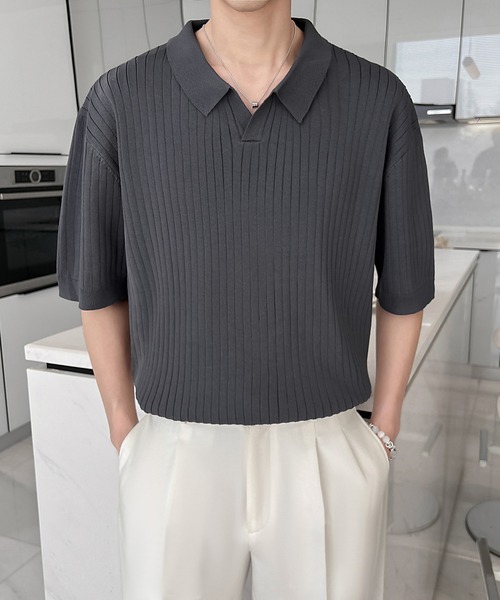 Cloudstyle（クラウドスタイル）の「【Cloudstyle】ケーブルポロ / ニットポロ 半袖（ポロシャツ・メンズ・クリーム/カーキ/ブラック/ダークグレー/グリーン/ホワイト・MEDIUM/LARGE/X-LARGE）」の19枚目の写真