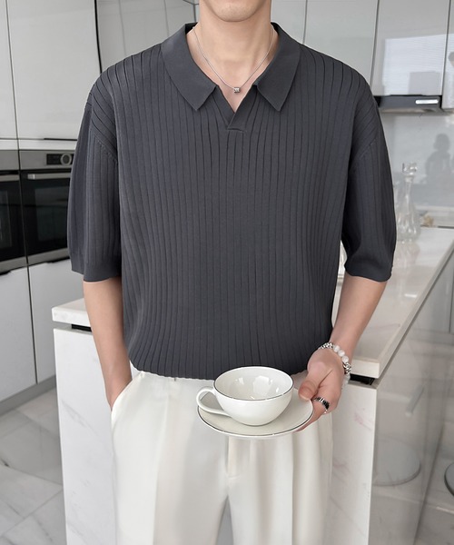 Cloudstyle（クラウドスタイル）の「【Cloudstyle】ケーブルポロ / ニットポロ 半袖（ポロシャツ・メンズ・クリーム/カーキ/ブラック/ダークグレー/グリーン/ホワイト・MEDIUM/LARGE/X-LARGE）」の21枚目の写真