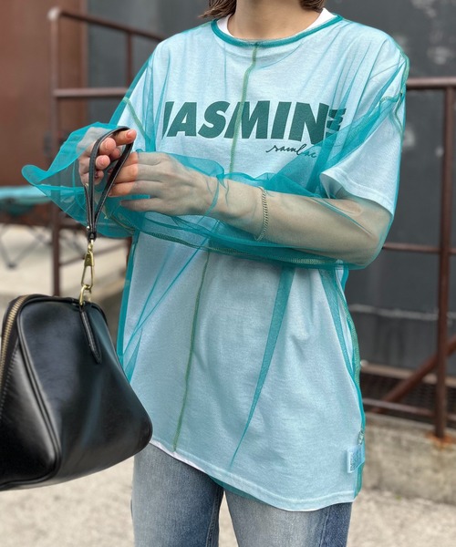 mi via loca(ミヴィアロカ)の「シアー配色ステッチチュールトップス(Tシャツ/カットソー・レディース・オフホワイト/ブラック/ブルーグリーン/ピンク/ライム・FREE)」の7枚目の写真