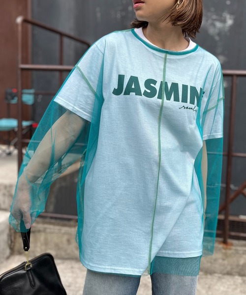 mi via loca(ミヴィアロカ)の「シアー配色ステッチチュールトップス(Tシャツ/カットソー・レディース・オフホワイト/ブラック/ブルーグリーン/ピンク/ライム・FREE)」の6枚目の写真