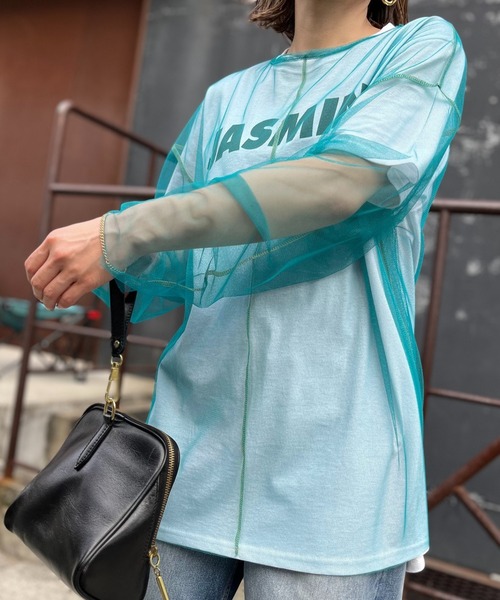 mi via loca(ミヴィアロカ)の「シアー配色ステッチチュールトップス(Tシャツ/カットソー・レディース・オフホワイト/ブラック/ブルーグリーン/ピンク/ライム・FREE)」の11枚目の写真