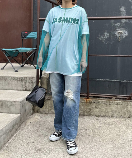 mi via loca(ミヴィアロカ)の「シアー配色ステッチチュールトップス(Tシャツ/カットソー・レディース・オフホワイト/ブラック/ブルーグリーン/ピンク/ライム・FREE)」の18枚目の写真