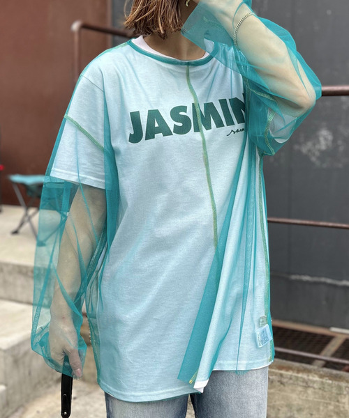 mi via loca(ミヴィアロカ)の「シアー配色ステッチチュールトップス(Tシャツ/カットソー・レディース・オフホワイト/ブラック/ブルーグリーン/ピンク/ライム・FREE)」の9枚目の写真