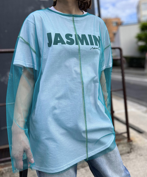 mi via loca(ミヴィアロカ)の「シアー配色ステッチチュールトップス(Tシャツ/カットソー・レディース・オフホワイト/ブラック/ブルーグリーン/ピンク/ライム・FREE)」の16枚目の写真