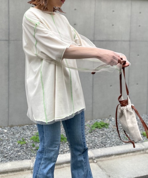 セール】シアー配色ステッチチュールトップス（Tシャツ