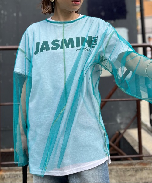 mi via loca(ミヴィアロカ)の「シアー配色ステッチチュールトップス(Tシャツ/カットソー・レディース・オフホワイト/ブラック/ブルーグリーン/ピンク/ライム・FREE)」の10枚目の写真