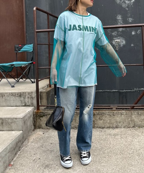 mi via loca(ミヴィアロカ)の「シアー配色ステッチチュールトップス(Tシャツ/カットソー・レディース・オフホワイト/ブラック/ブルーグリーン/ピンク/ライム・FREE)」の19枚目の写真