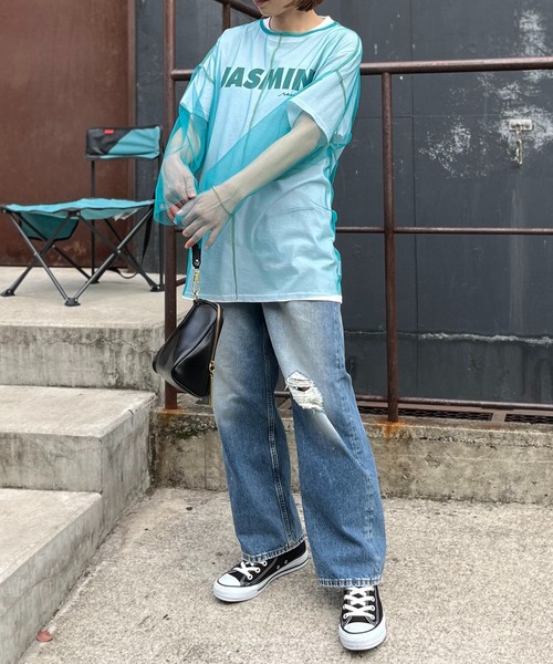 mi via loca(ミヴィアロカ)の「シアー配色ステッチチュールトップス(Tシャツ/カットソー・レディース・オフホワイト/ブラック/ブルーグリーン/ピンク/ライム・FREE)」の20枚目の写真