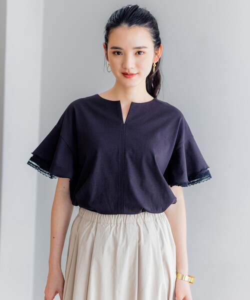 組曲(クミキョク)の「【汗ジミ防止・撥水】GIZAプレーティング天竺袖フリル カットソー(Tシャツ/カットソー・レディース・ピンク系/スカイブルー系/ブラック系/アイボリー系・2)」の2枚目の写真