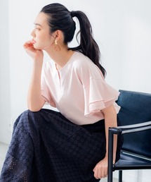 組曲（クミキョク）の「【汗ジミ防止・撥水】GIZAプレーティング天竺袖フリル カットソー（Tシャツ/カットソー）」