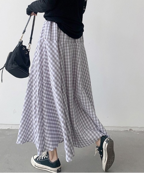 Dream garden（ドリームガーデン）の「ギンガム チェック フレア スカート（スカート・レディース・グレー系/ブラウン系/レッド系/ブルー系/ブラック系・FREE）」の3枚目の写真