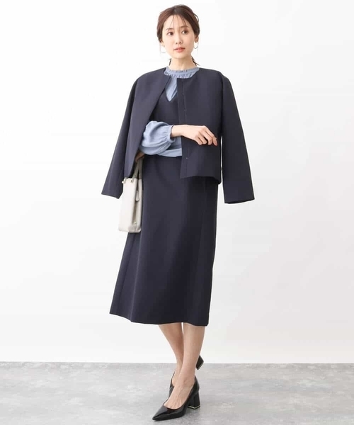 MK MICHEL KLEIN（エムケーミッシェルクラン）の「ダイヤキルトジャガードノーカラーブルゾン/洗える（ブルゾン・レディース・アイボリー/ネイビー・38）」の4枚目の写真