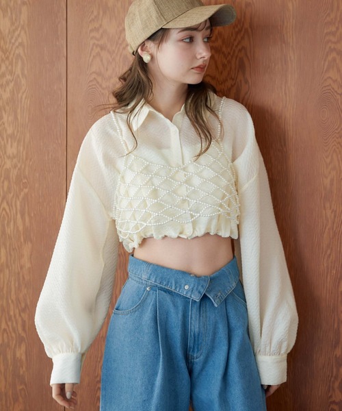 archives（アルシーヴ）の「シアーエンボスタックショートシャツ（シャツ/ブラウス・レディース・ブルー/アイボリー/ブラック/ベージュ・MEDIUM）」の8枚目の写真