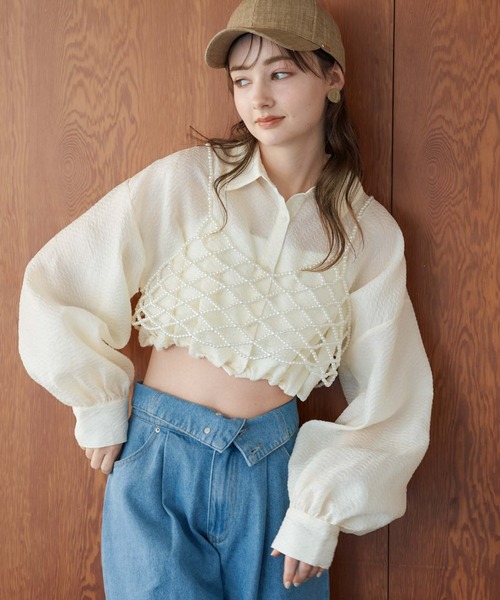 archives（アルシーヴ）の「シアーエンボスタックショートシャツ（シャツ/ブラウス・レディース・ブルー/アイボリー/ブラック/ベージュ・MEDIUM）」の5枚目の写真