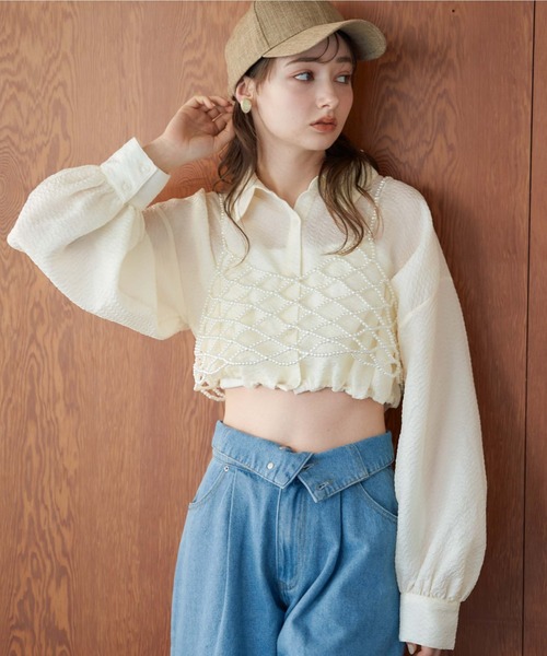 archives（アルシーヴ）の「シアーエンボスタックショートシャツ（シャツ/ブラウス・レディース・ブルー/アイボリー/ブラック/ベージュ・MEDIUM）」の9枚目の写真