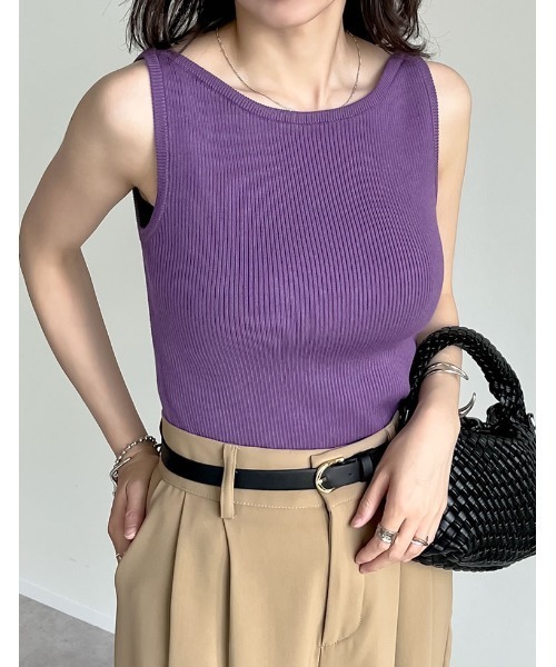 Re:EDIT（リエディ）の「[新色追加][涼感]レーヨンブレンドボートネックタンクトップ（タンクトップ・レディース・グレー/ホワイト/ブラック/ベージュ/ブラウン/カーキ/パープル・LARGE/MEDIUM）」の18枚目の写真