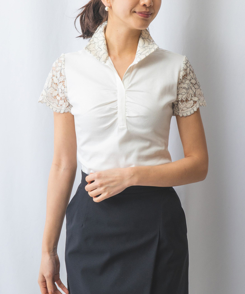 NARACAMICIE(ナラカミーチェ)の「【NARACAMICIE】レースコンビスタンド半袖カットソー(Tシャツ/カットソー・レディース・ホワイト/ブラック/ブルー/ライトブルー・L/XL/M/LARGE)」の2枚目の写真