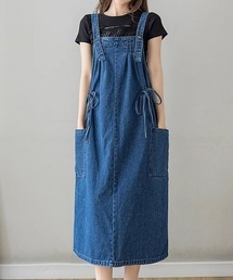 サイドリボン付き デニムサロペットスカート