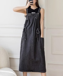 サイドリボン付き デニムサロペットスカート