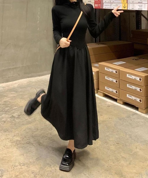 c.u.l（シーユーエル）の「なみなみ 異素材切り替えデザインワンピース culw703（ワンピース・レディース・ブラック・M/L）」の3枚目の写真