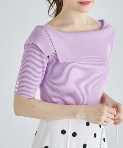 tocco closet(トッコ クローゼット)の「接触冷感♪袖口パール付きアシメオフショルリブニットプルオーバー(ニット/セーター・レディース・オフホワイト/ラベンダー/ピンク・M)」の15枚目の写真