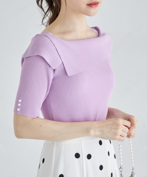 tocco closet(トッコ クローゼット)の「接触冷感♪袖口パール付きアシメオフショルリブニットプルオーバー(ニット/セーター・レディース・オフホワイト/ラベンダー/ピンク・M)」の11枚目の写真