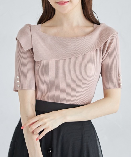 tocco closet(トッコ クローゼット)の「接触冷感♪袖口パール付きアシメオフショルリブニットプルオーバー(ニット/セーター・レディース・オフホワイト/ラベンダー/ピンク・M)」の7枚目の写真