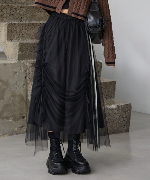 PAGEBOY（ページボーイ）の「ラインチュールボリュームスカート（スカート・レディース・ブラック/オフホワイト/ブラウン・FREE）」の2枚目の写真