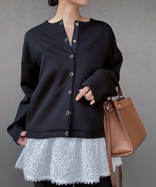 Emma Taylor（エマテイラー）の「【大人カーデ】ダンボールノーカラージャケット（ノーカラージャケット・レディース・モカ/チャコールグレー/ブラック/ネイビー/オフホワイト/ライトベージュ/シルバー系/ブラウン・FREE）」の12枚目の写真