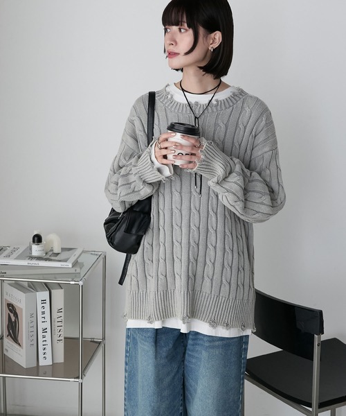 forksy.（フォルクシー）の「【forksy.】ストーンウォッシュ加工レトロケーブルニット（ニット/セーター・レディース・ラベンダー/ベージュ/グレー・FREE）」の6枚目の写真