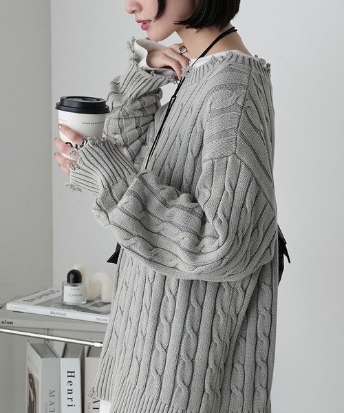 forksy.（フォルクシー）の「【forksy.】ストーンウォッシュ加工レトロケーブルニット（ニット/セーター・レディース・ラベンダー/ベージュ/グレー・FREE）」の8枚目の写真