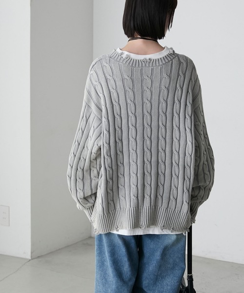 forksy.】ストーンウォッシュ加工レトロケーブルニット forksy
