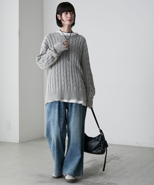 forksy.】ストーンウォッシュ加工レトロケーブルニット forksy