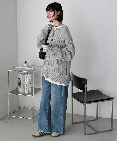 forksy.（フォルクシー）の「【forksy.】ストーンウォッシュ加工レトロケーブルニット（ニット/セーター・レディース・ラベンダー/ベージュ/グレー・FREE）」の17枚目の写真