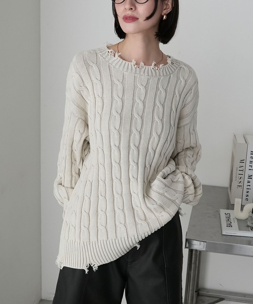forksy.】ストーンウォッシュ加工レトロケーブルニット forksy