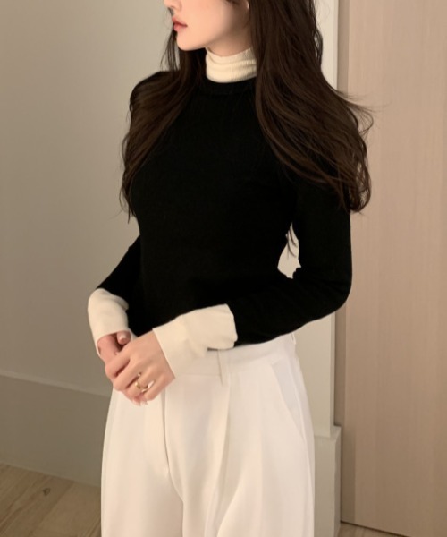 FREE STYLISTS(フリー スタイリスト)の「YUGA_YGMC バイカラーレイヤードニットPO(ニット/セーター・レディース・カーキ/ライトブルー/オフホワイト・FREE)」の3枚目の写真