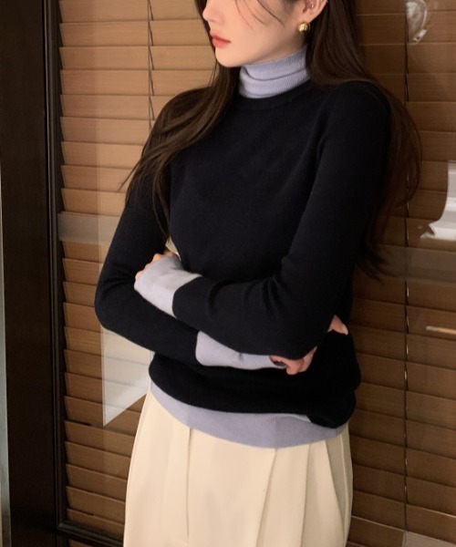 FREE STYLISTS(フリー スタイリスト)の「YUGA_YGMC バイカラーレイヤードニットPO(ニット/セーター・レディース・カーキ/ライトブルー/オフホワイト・FREE)」の11枚目の写真