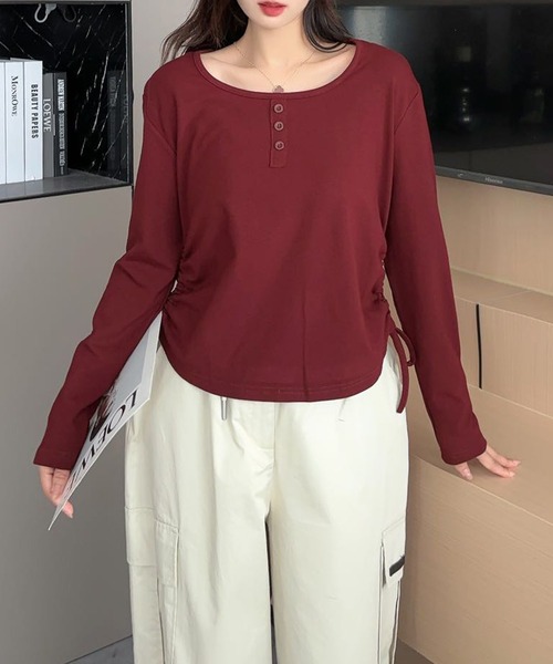 aimoha(アイモハ)の「サイドリボン付きヘンリーネックトップス(Tシャツ/カットソー・レディース・ホワイト/ワインレッド/ブラック/チョコ/カーキ/グレー・FREE)」の12枚目の写真