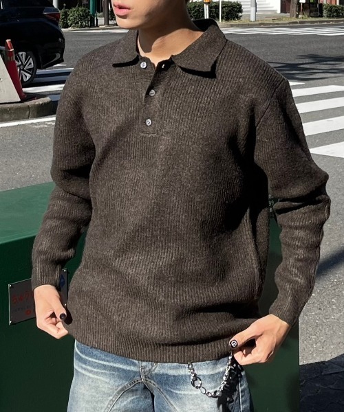 Chikashitsu +】wool touch lib knit polo / 【チカシツプラス】ウール