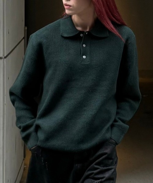 Chikashitsu +】wool touch lib knit polo / 【チカシツプラス】ウール