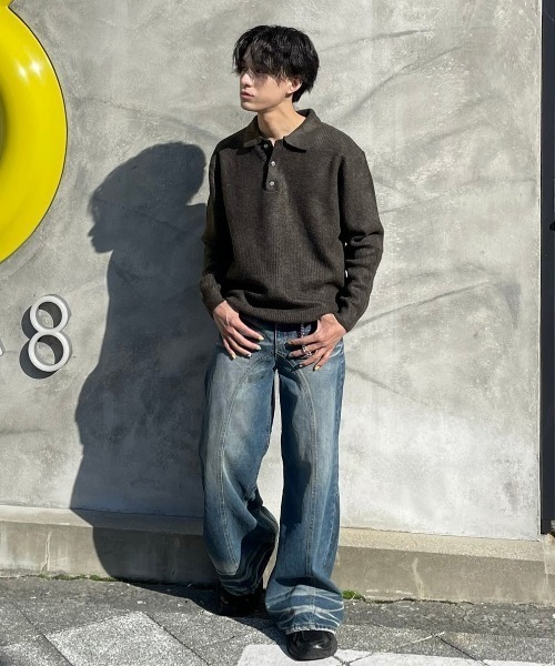 Chikashitsu +（チカシツプラス）の「【Chikashitsu +】wool touch lib knit polo / 【チカシツプラス】ウールタッチリブ長袖ニット（ポロシャツ・メンズ・ブラック/グリーン/ブラウン/チャコール・L）」の9枚目の写真